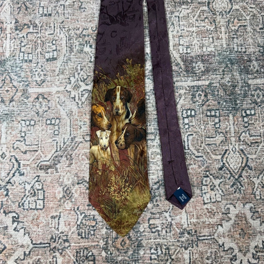 Vintage 80s Polo Ralph Lauren Mens Silk Tie Burgundy Hunting Dogs Made in USA
